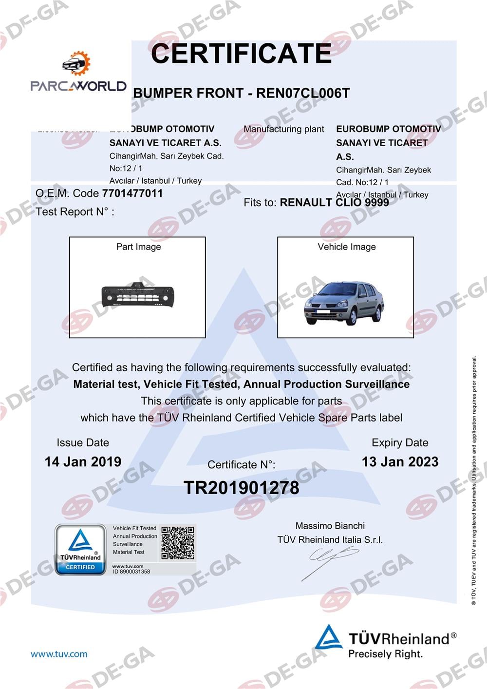 Renault Clıo Ön Tampon Sıyah 0105 Tüv