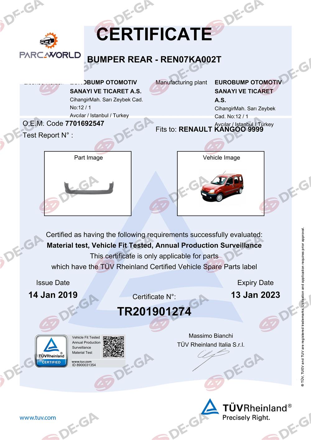 Renault Kangoo Arka Tampon 9803 Tüv