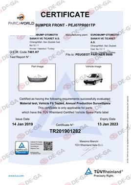 Peugeot Partner Ön Tampon Astarlı 9602 Tüv