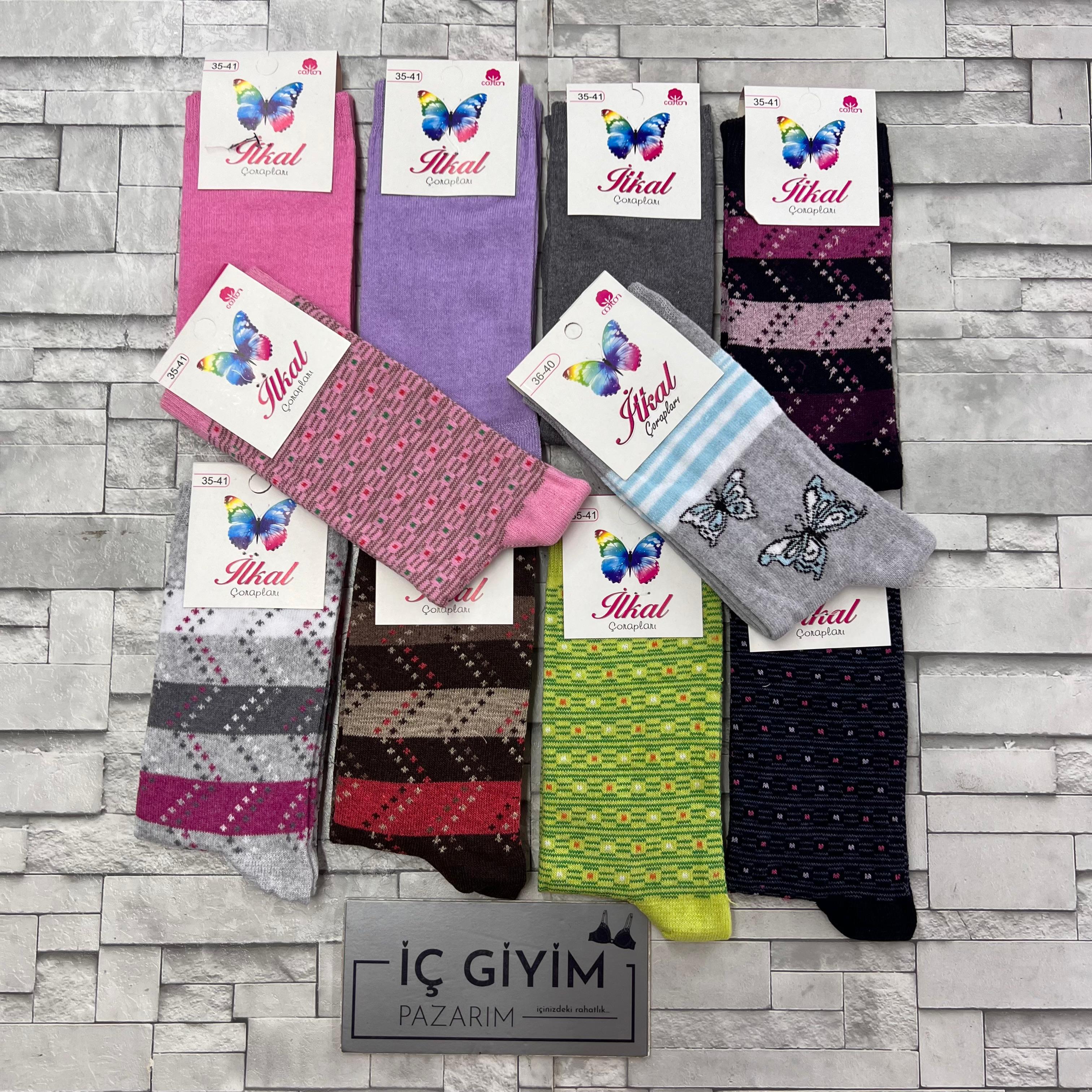 12 li İlkal Bayan Uzun Çorap-Desenli-Karışık Renk