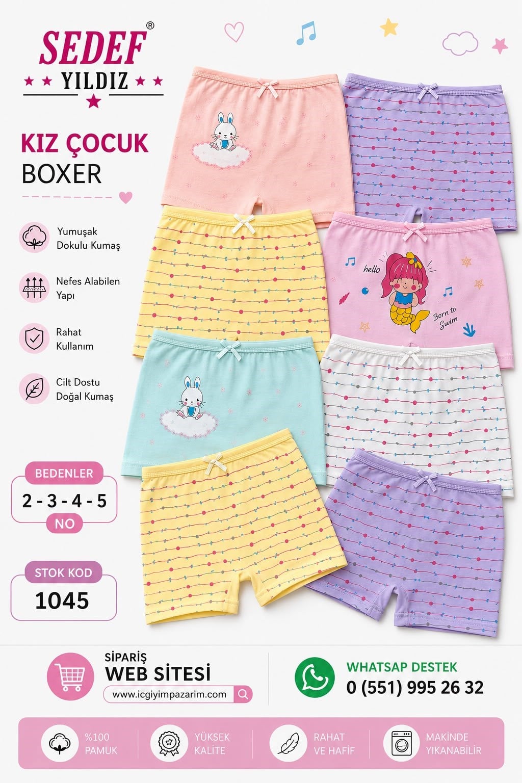 6 lı Sedef Kız Çocuk Boxer-Karışık Renk