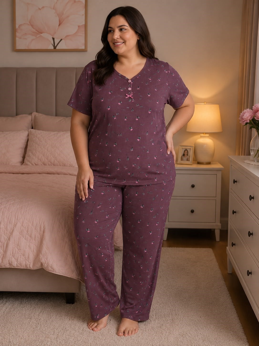 Battal Elite Kısa Kol Sleepy Yaka Kaşkorse Pijama Takım-lila