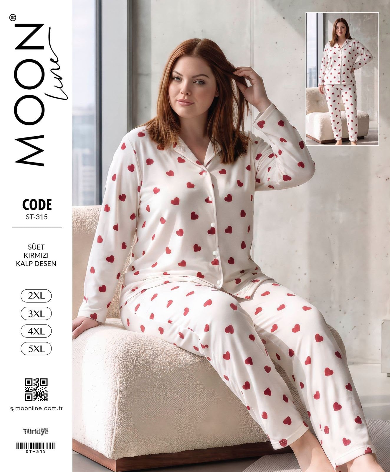 Battal Moonlıne Süet Byn Pijama Takım-beyaz kırmızı kalp desen