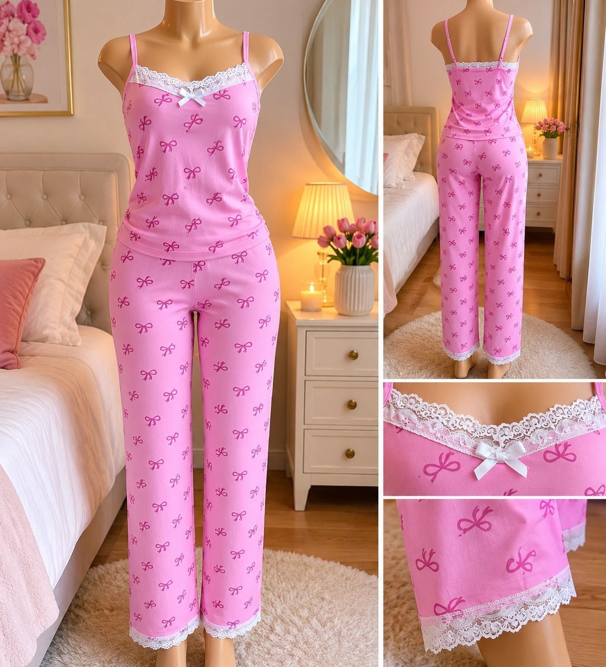 Elite İp Askılı Alt Uzun Milan Pijama Takım-pembe kurdale