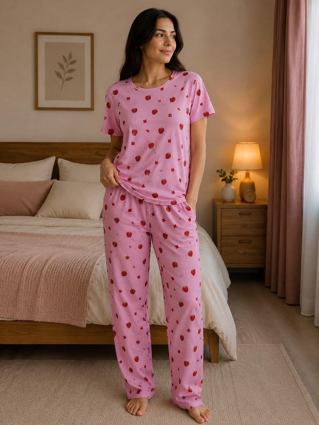 Elite Kısa Kol Alt Uzun Sıfıryaka Milan Pijama Takım-Pembe Çilek