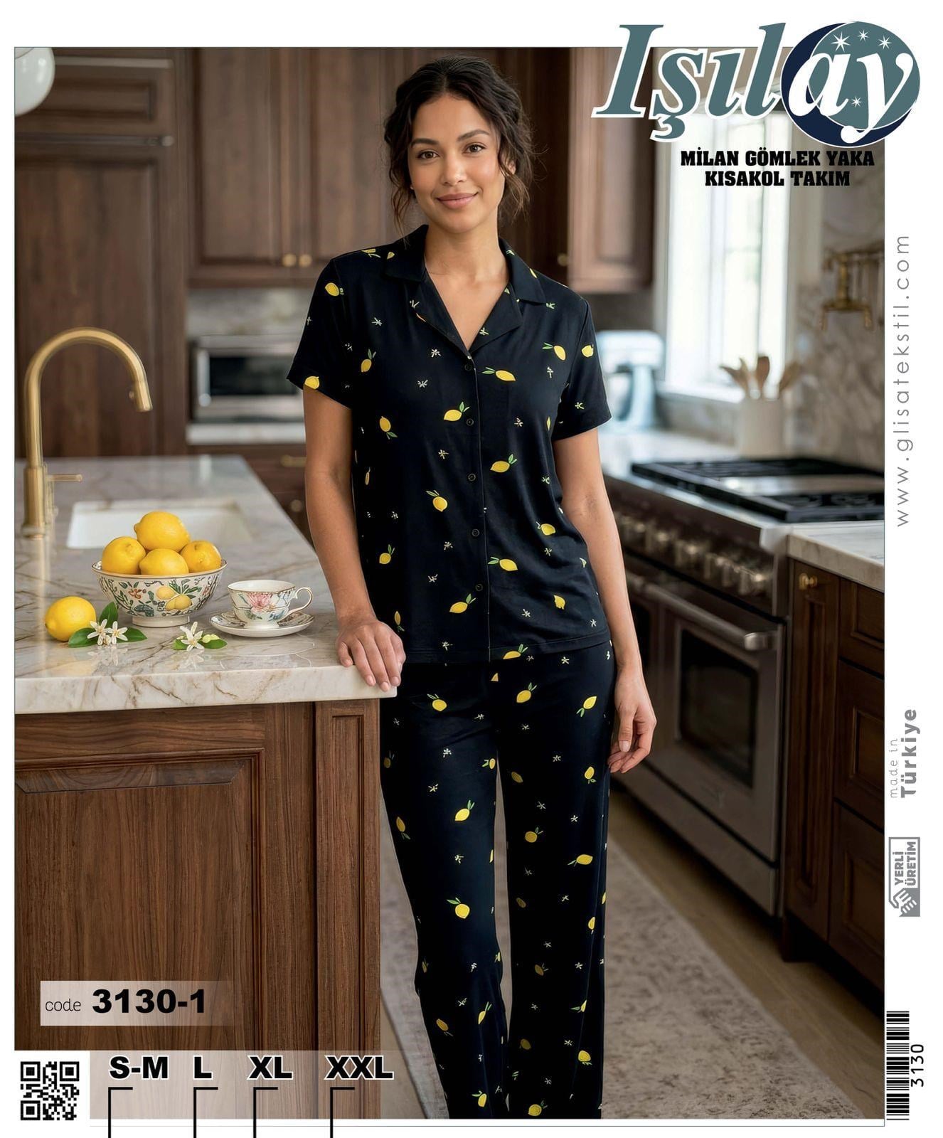 Işılay Milan Kısa Kol Pijama Takım-3130-1 siyah  limon