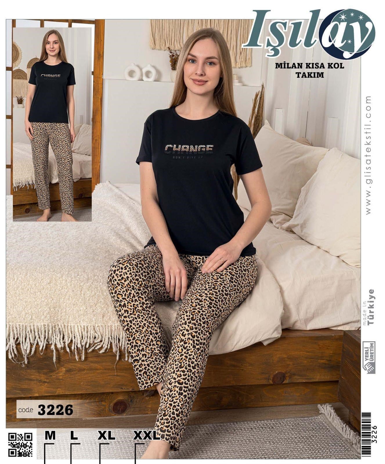 Işılay Milan Kısa Kol Pijama Takım-3226 siyah leopar