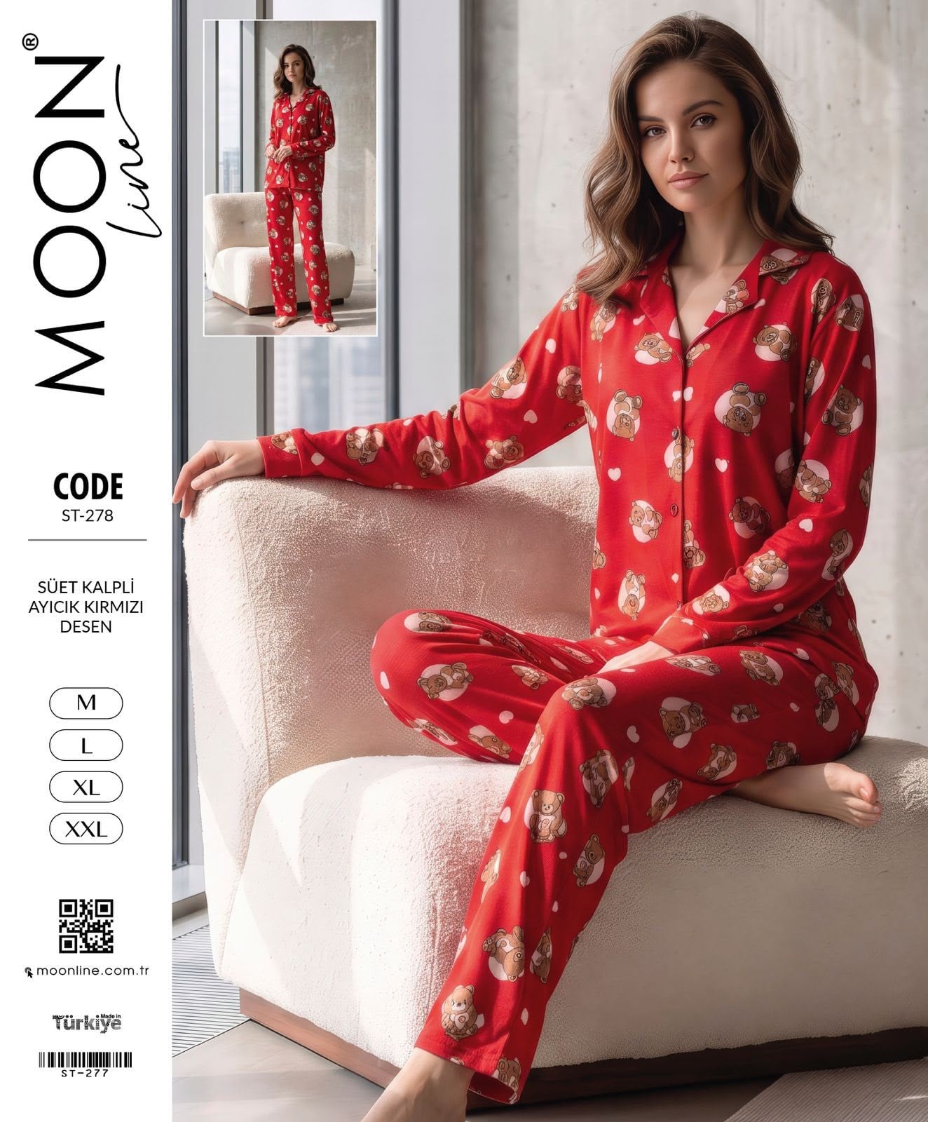 Moonlıne Süet Byn Pijama Takım-Kırmızı kalp ayıcık