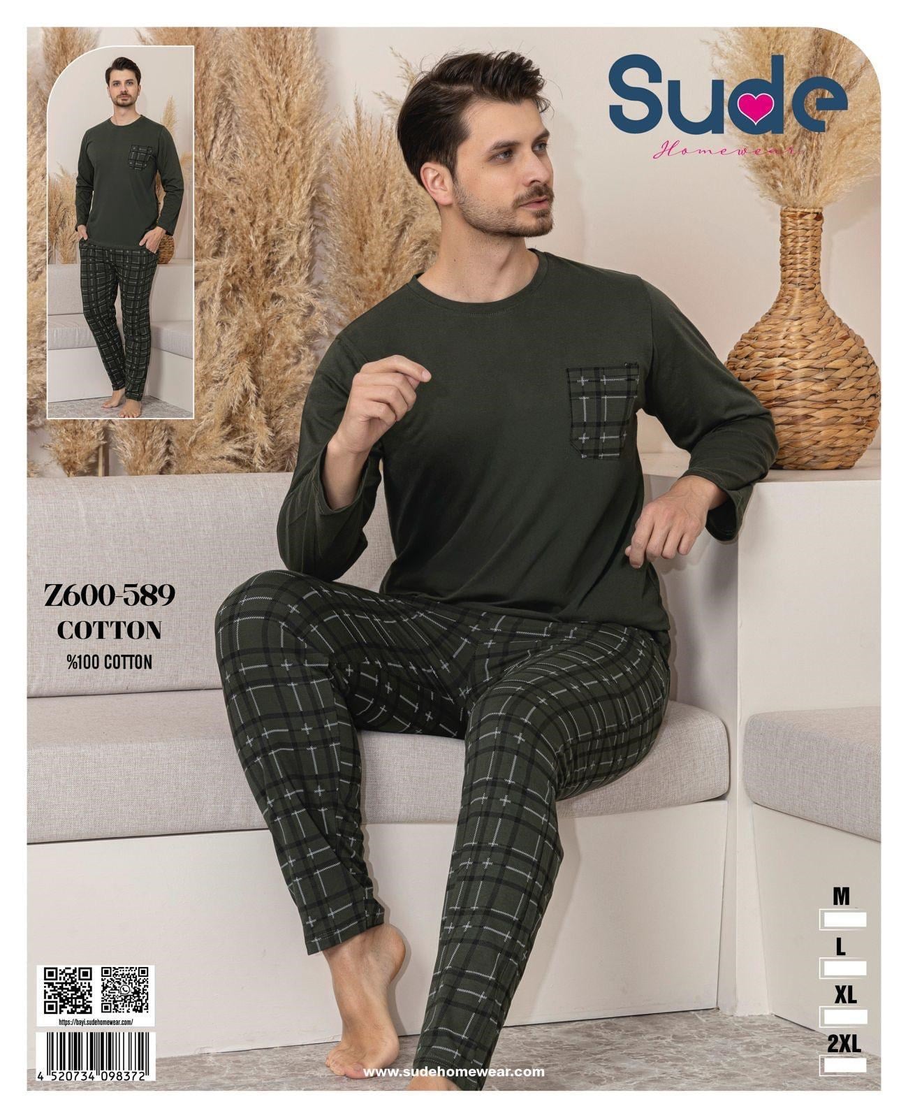 Sude Erkek Uzun Kol Pijama Takım-Haki Yeşil-600-589