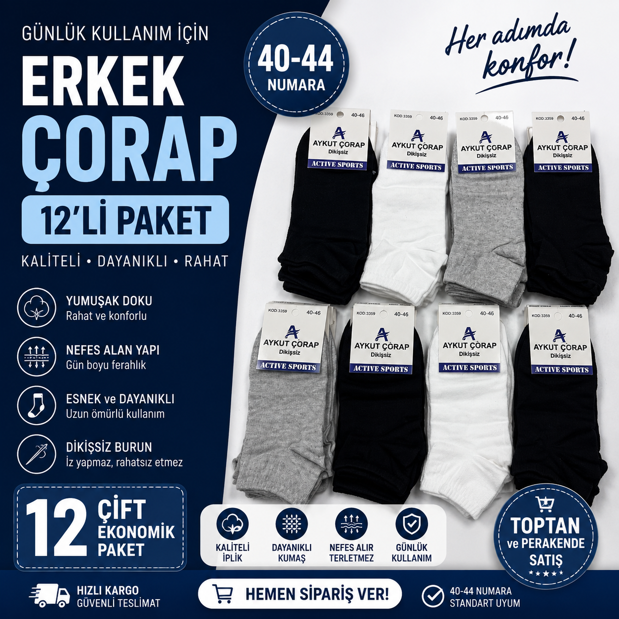 12 li Aykut Erkek Patik Çorap.-Düz Model Karışık