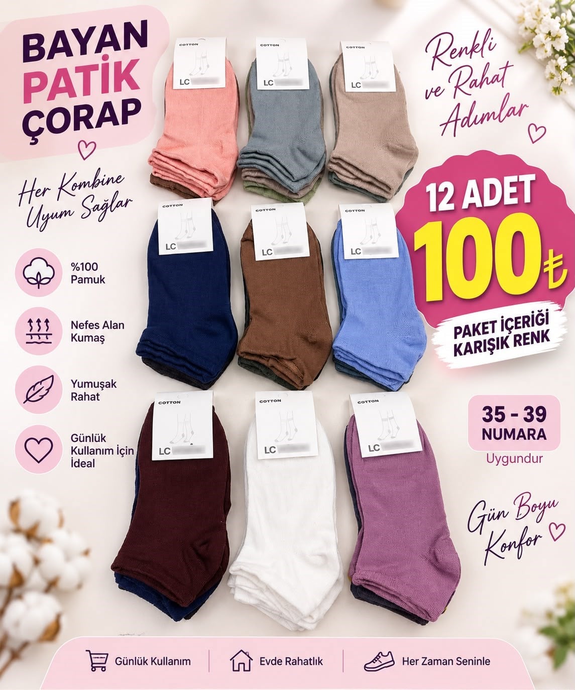 12 Li İhracat Bayan Patik Çorap-Karşık Renk
