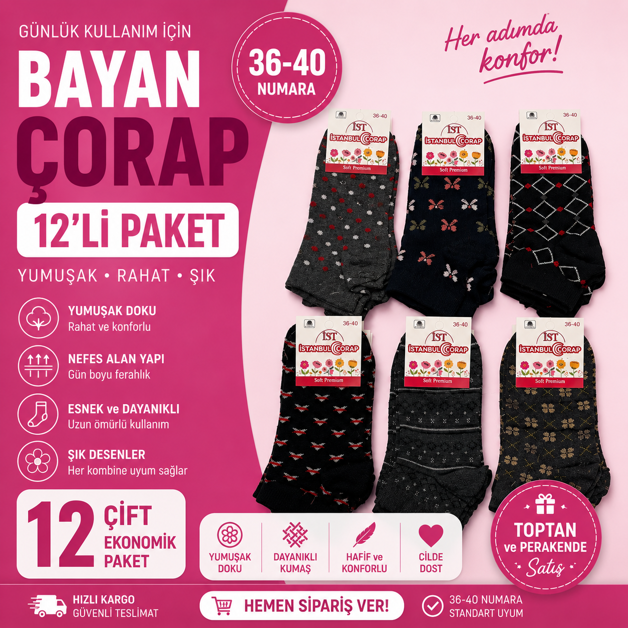 12 li Sports Bayan Patik Çorap.- Karışık