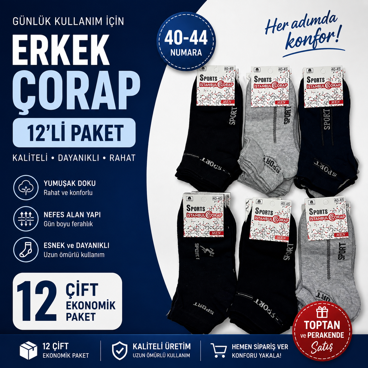 12 li Sports Erkek Patik Çorap.- Karışık
