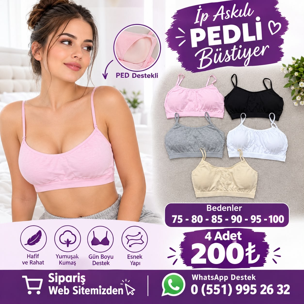 4 Lü Ays Pedli İp Askılı Büstiyer-Karışık Renk
