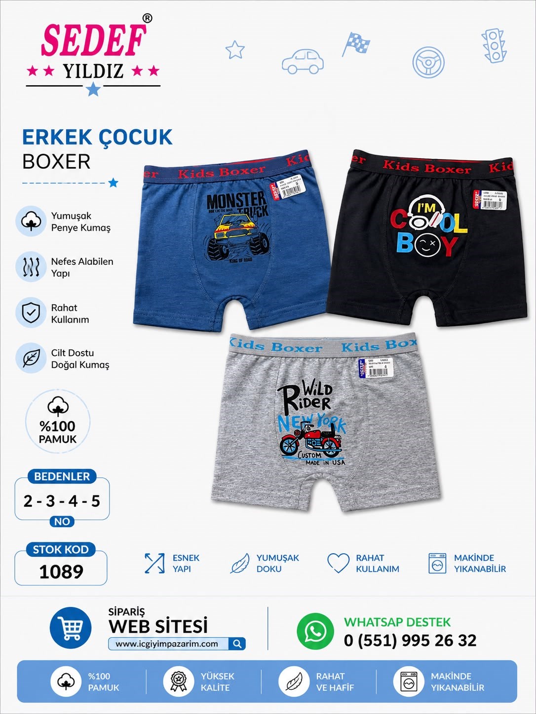 6 lı Menbox-Sedef Erkek Çocuk Boxer - Karışık Renk