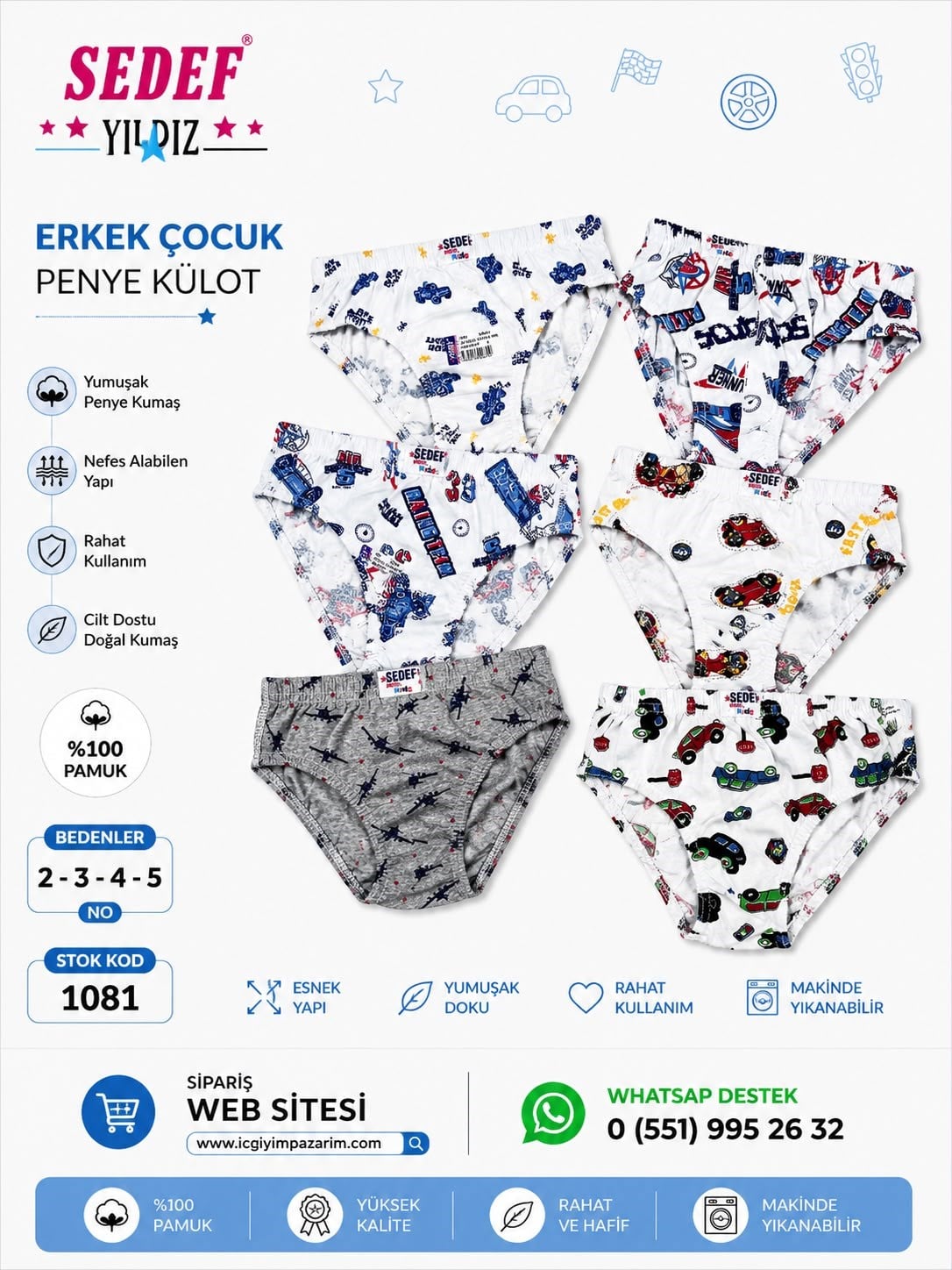6 lı Sedef Yıldız Erkek Çocuk Desenli Külot-Karışık Renk
