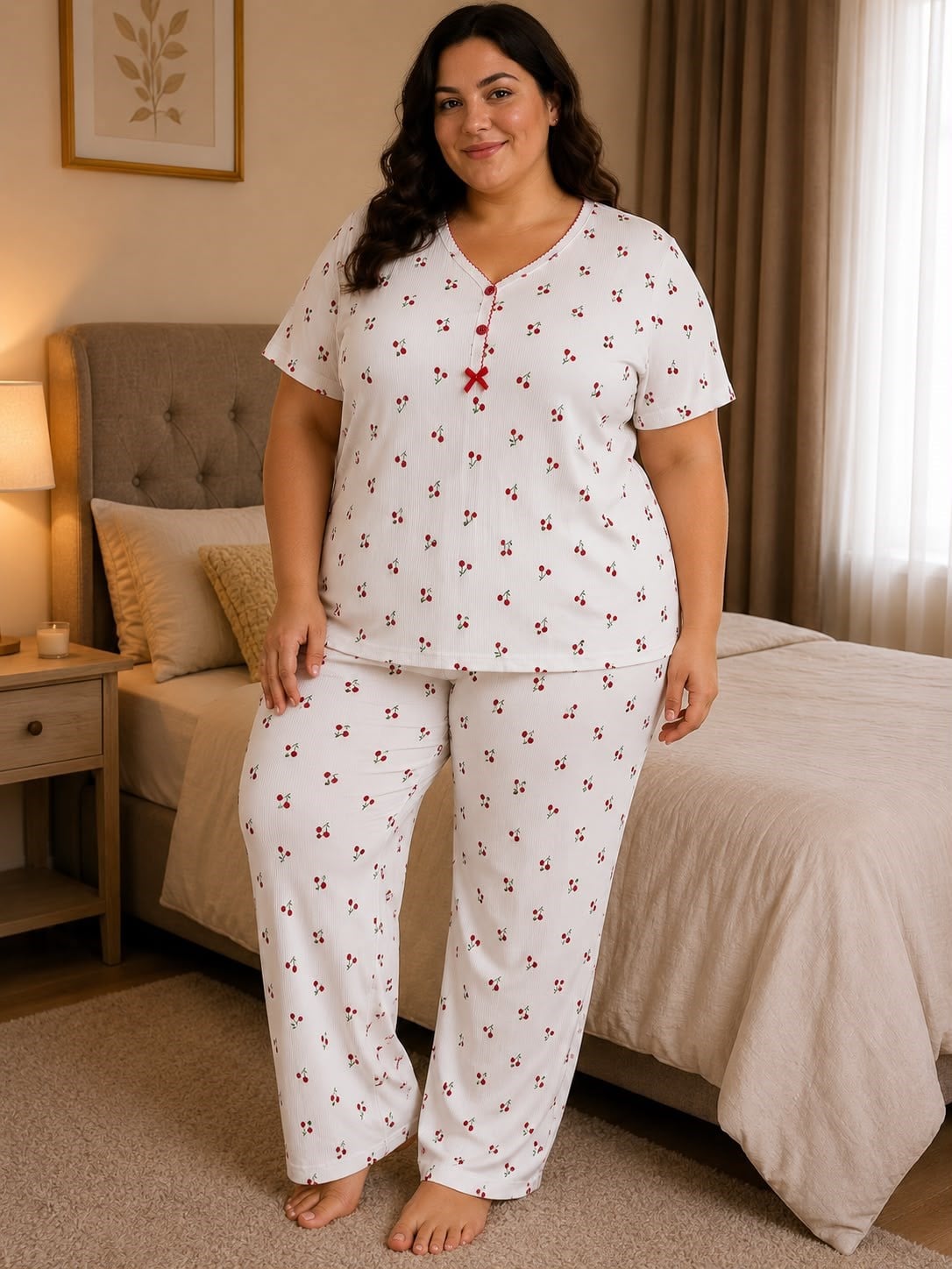 Battal Elite Kısa Kol Sleepy Yaka Kaşkorse Pijama Takım-beyaz kiraz
