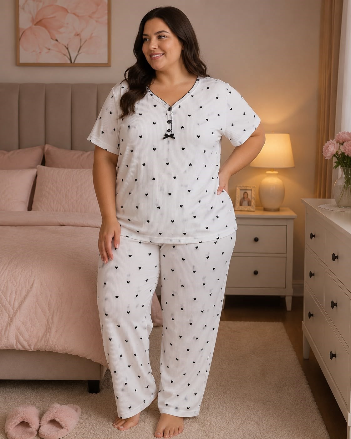 Battal Elite Kısa Kol Sleepy Yaka Kaşkorse Pijama Takım-beyaz siyah kalp