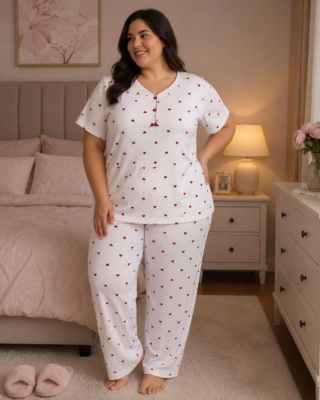 Battal Elite Kısa Kol Sleepy Yaka Kaşkorse Pijama Takım-beyaz kırmızı kalp