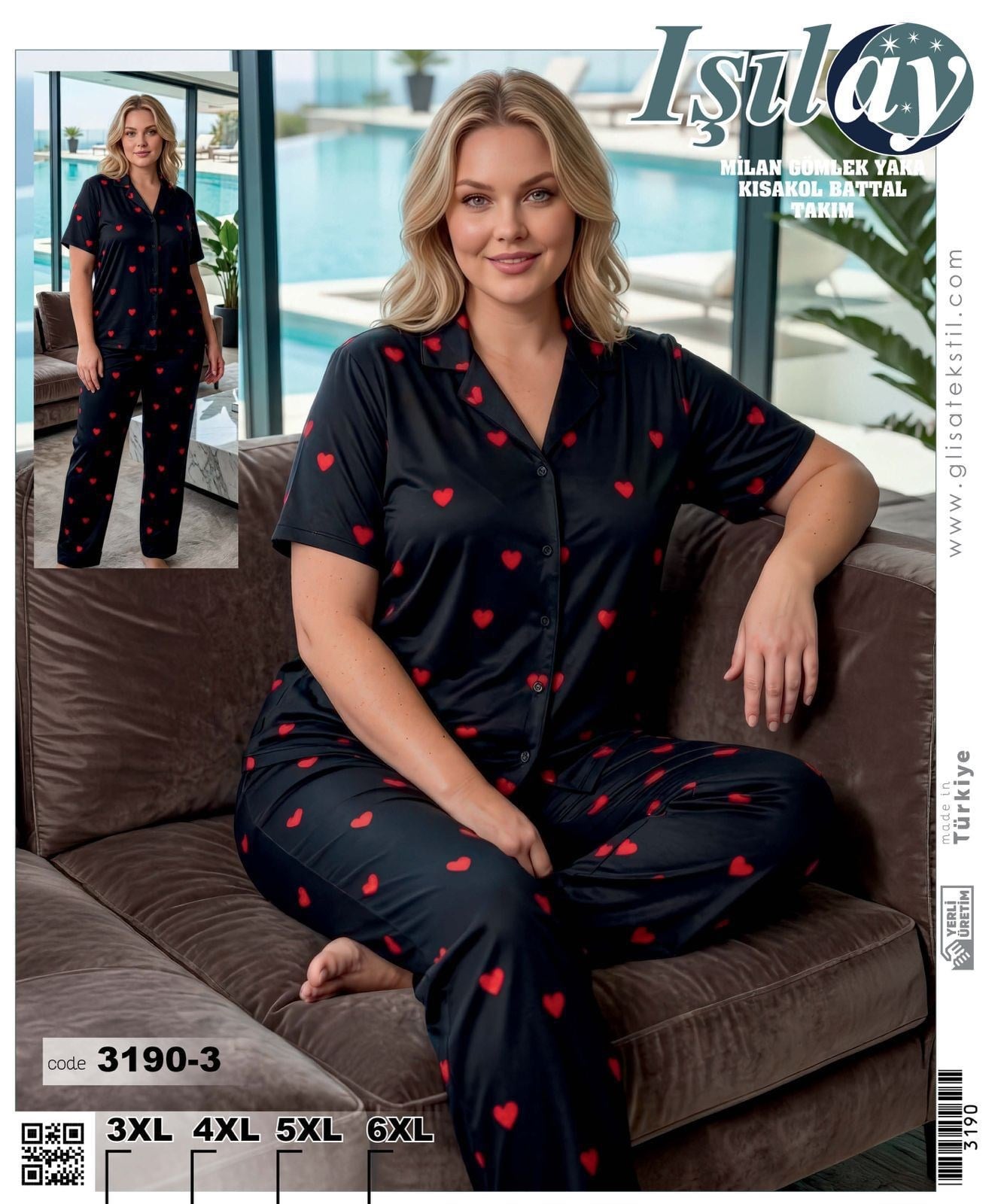 Battal Işılay Milan Kısa Kol Pijama Takım-3190-3 siyah kırmızı kalp