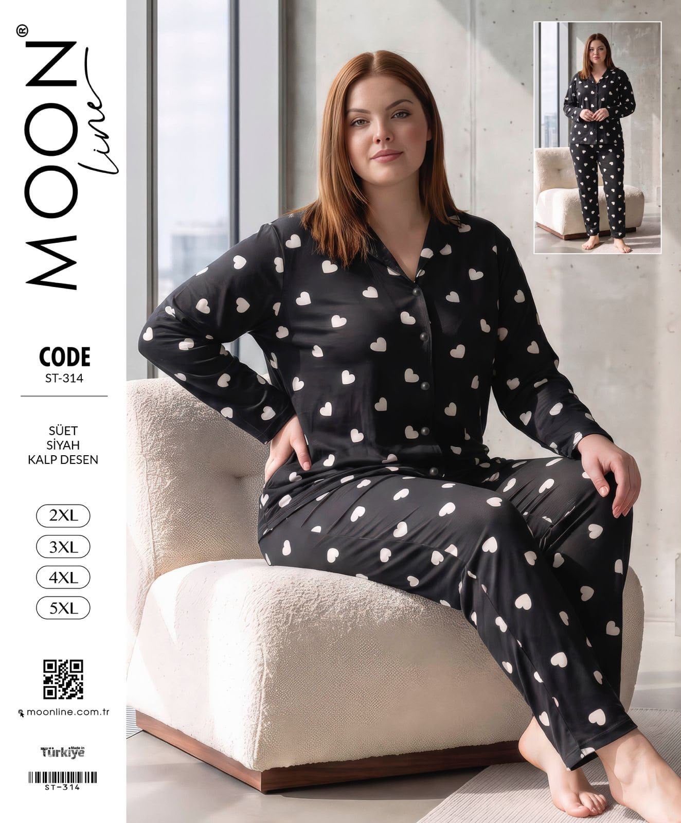 Battal Moonlıne Süet Byn Pijama Takım-Siyah Kalp