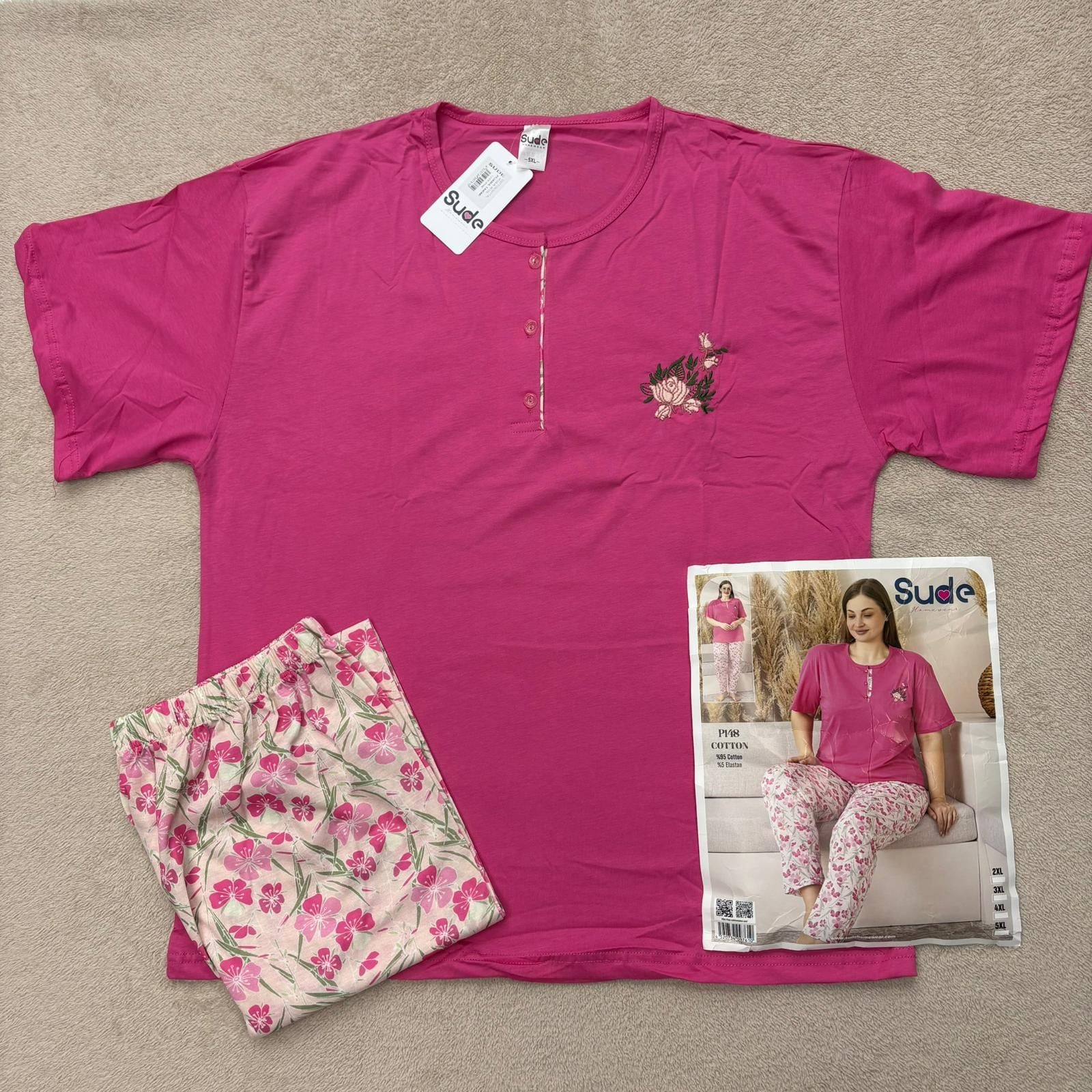 Battal Sude Bayan Kısa Kol Pijama Takım-148 pembe