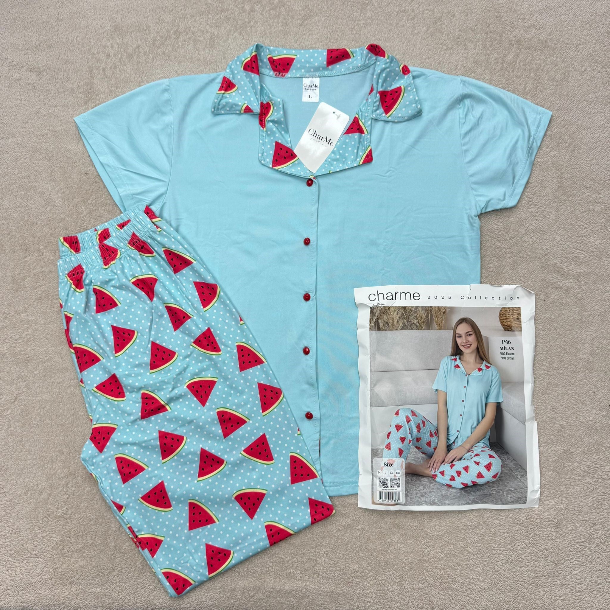Charme Milan Kısa Kol Pijama Takım-Karpuz-p46