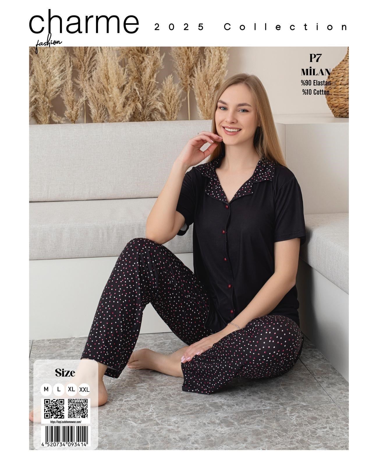 Charme Milan Kısa Kol Pijama Takım-Siyah-p7