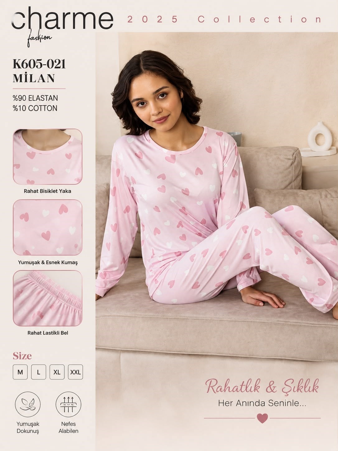Charme Uzun Kol Pijama Takım-605-021 pembe kalp