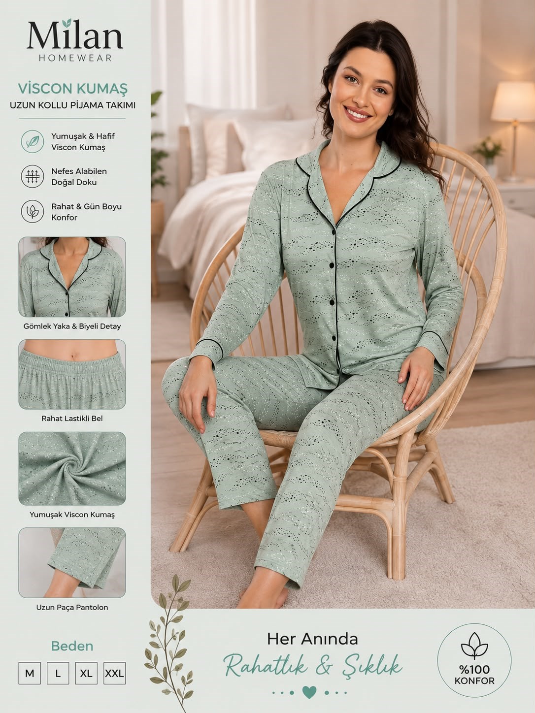 Elisa Vıscon Uzun Kol Bayan Pijama Takım-Yeşil