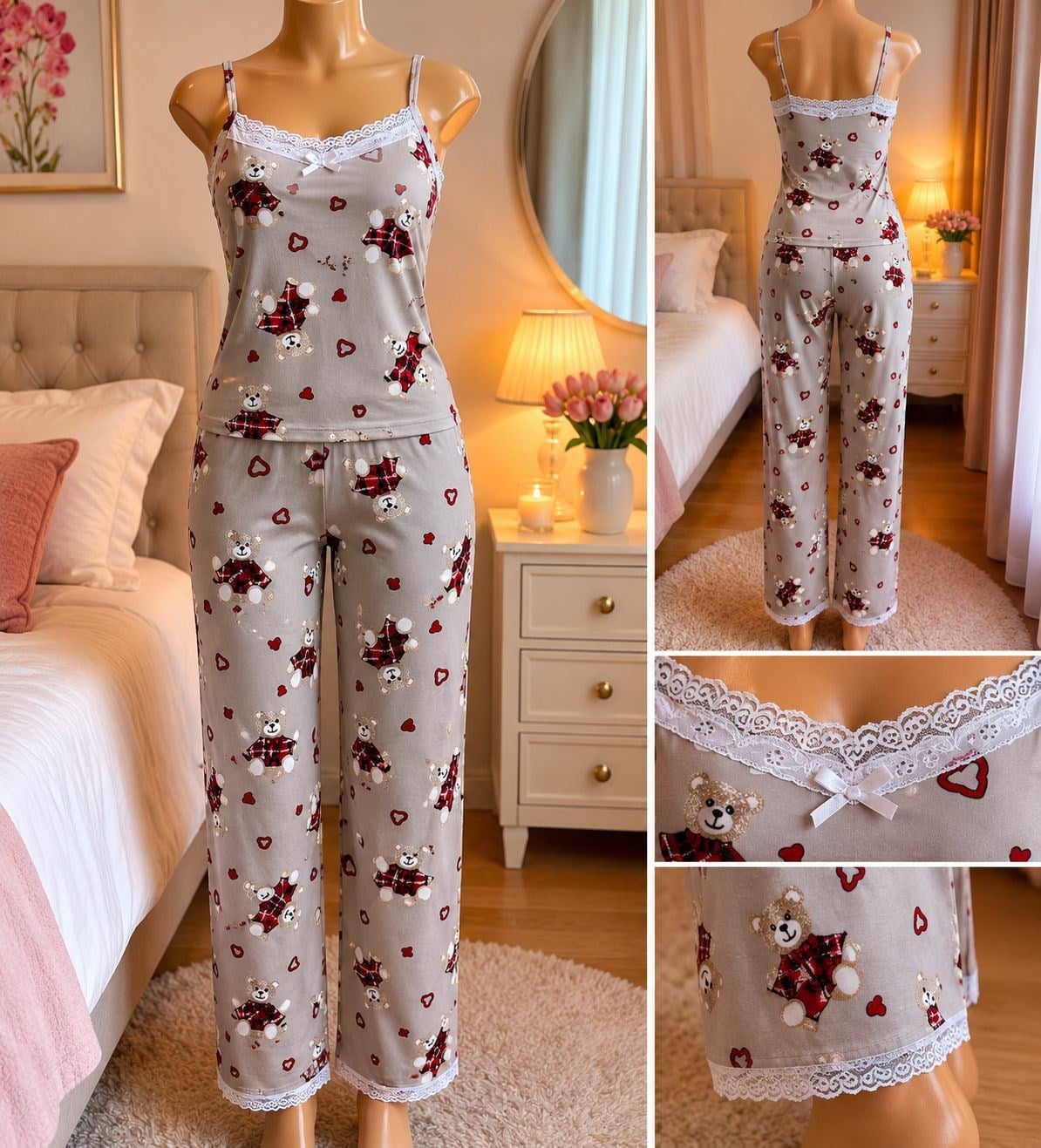 Elite İp Askılı Alt Uzun Milan Pijama Takım-Kahve ayıcık