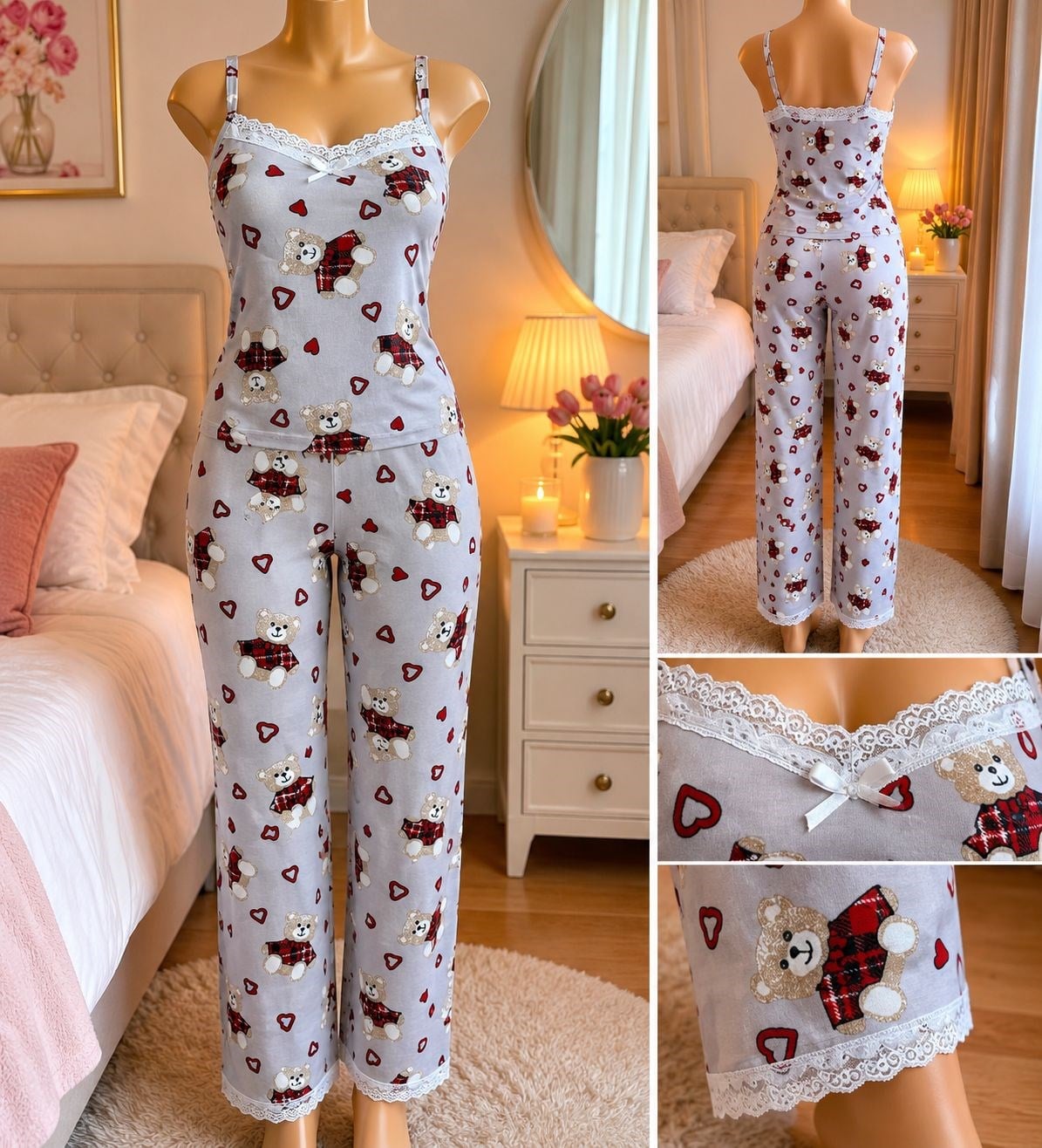 Elite İp Askılı Alt Uzun Milan Pijama Takım-gri ayıcık