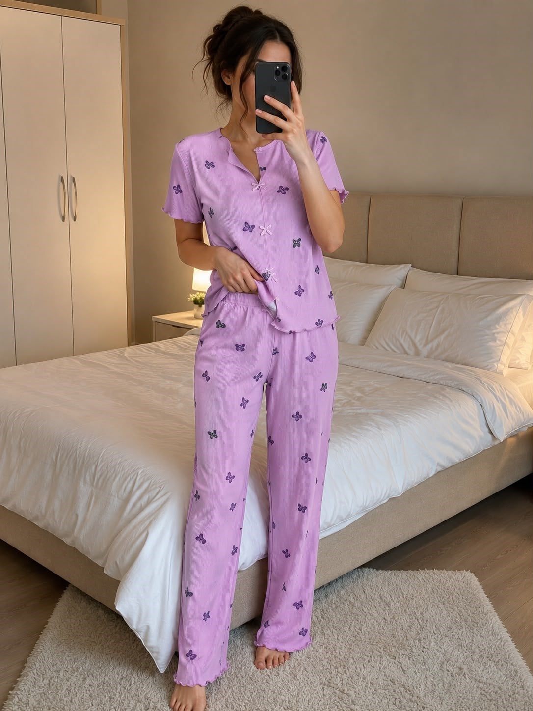 Elite Kısa Kol Sleepy Yaka Kaşkorse Pijama Takım-pembe kelebek