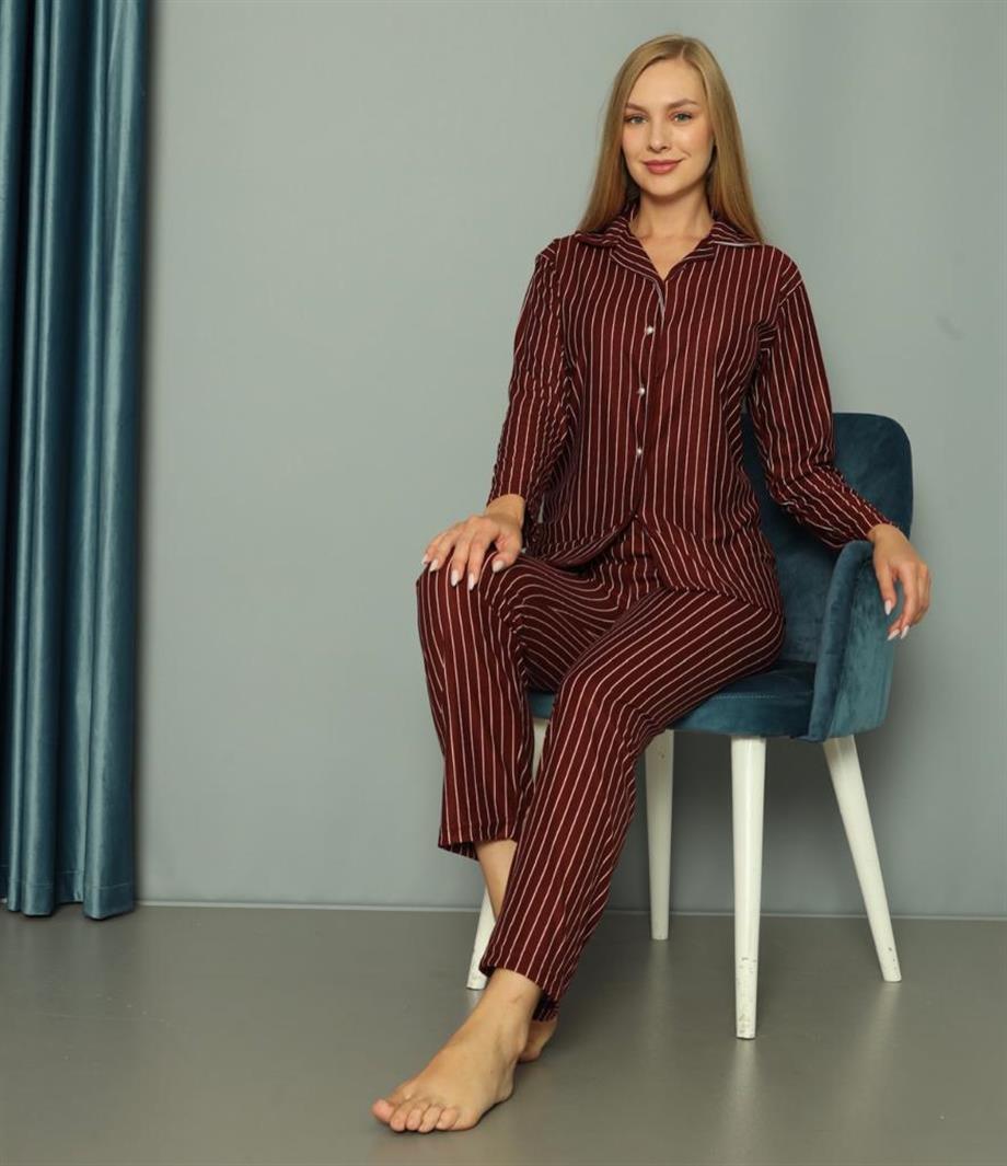 Işılay Bayan Süet Pijama Takım-13607-bordoçizgi