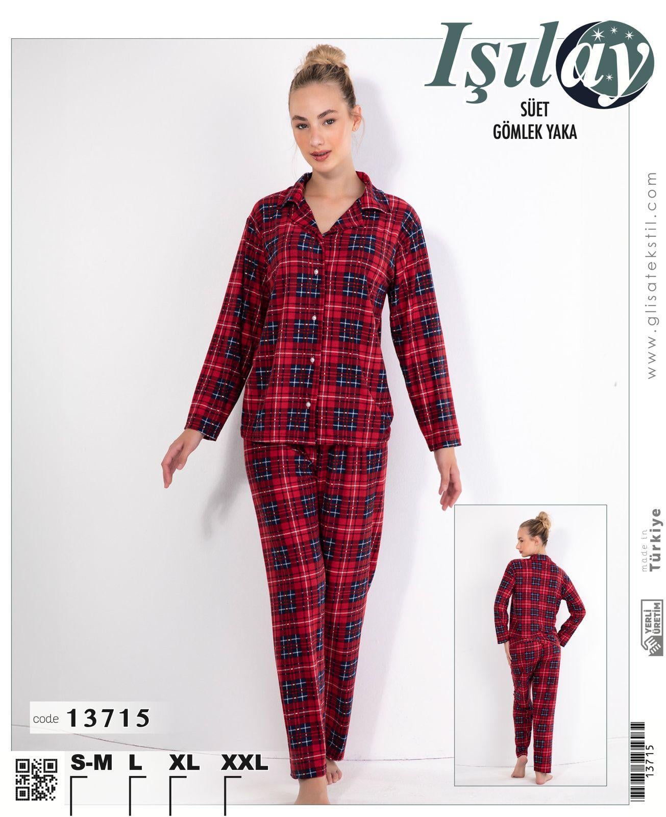 Işılay Bayan Süet Pijama Takım-14102 kırmızı kareli