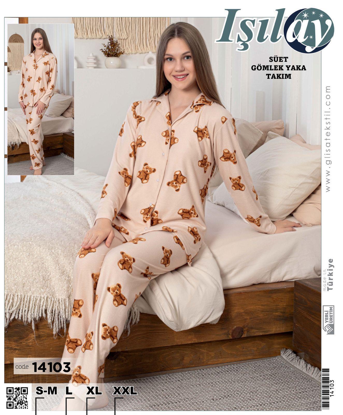 Işılay Bayan Süet Pijama Takım-14103 pudra ayıcık