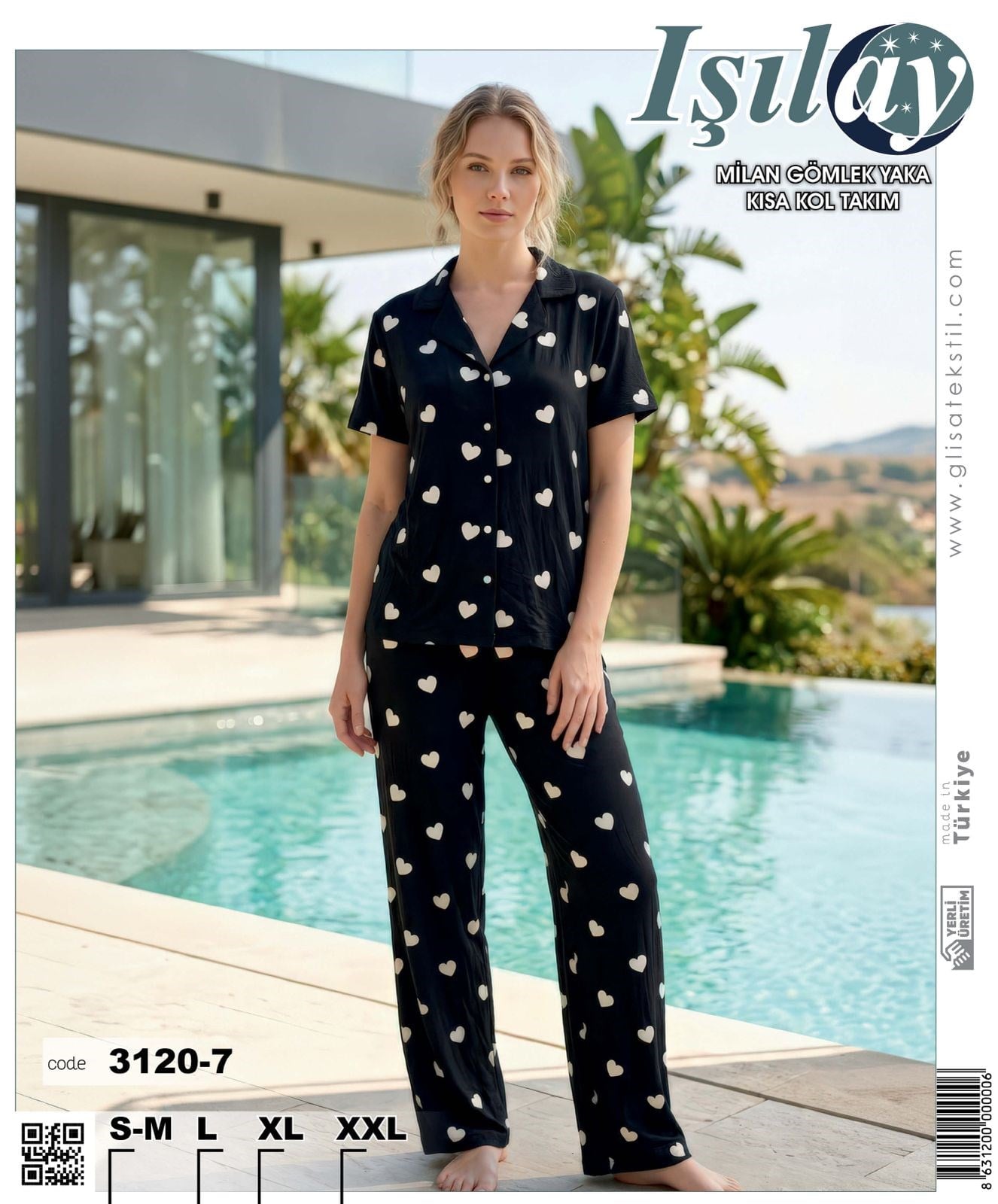 Işılay Milan Kısa Kol Pijama Takım-3120-7 siyah beyaz kalp 