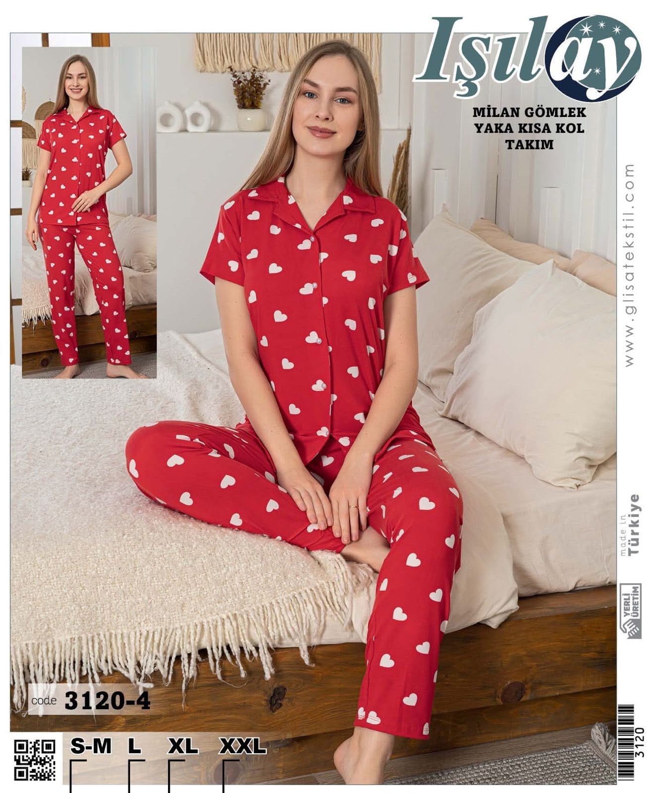 Işılay Milan Kısa Kol Pijama Takım-3120-4 kırmızı kalp 