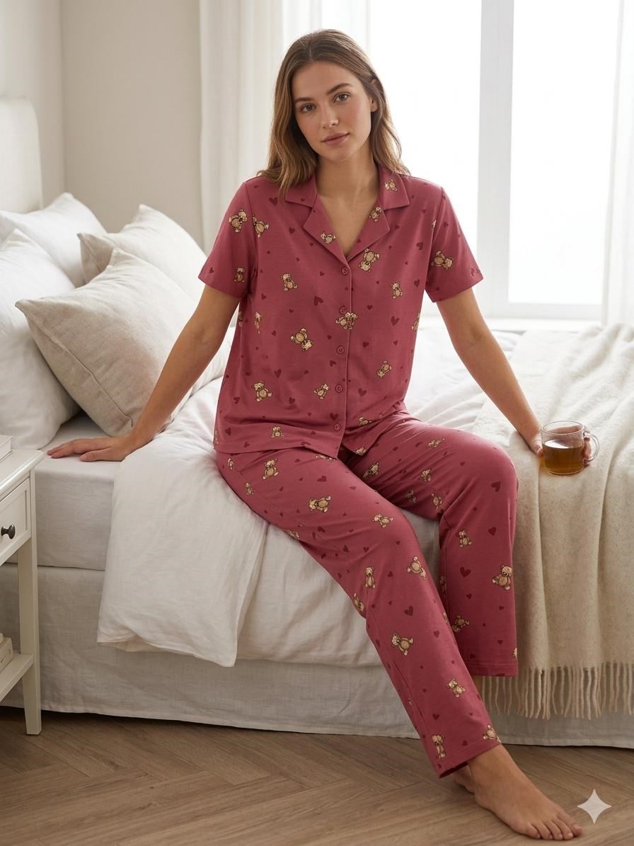 Işılay Milan Kısa Kol Pijama Takım-3134-3 gül kurusu ayıcık