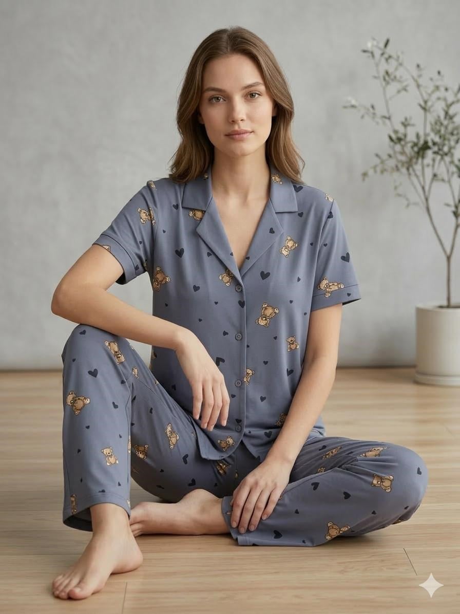 Işılay Milan Kısa Kol Pijama Takım-3134-1 gri ayıcık