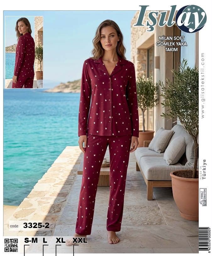 Işılay Milan Uzun Kol Pijama Takım-3325-2 bordo kalp
