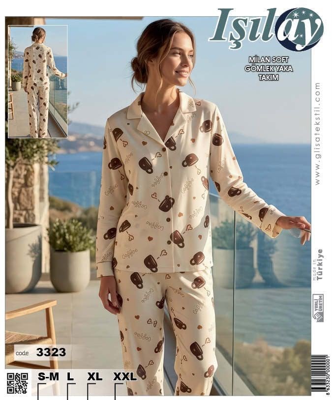 Işılay Milan Uzun Kol Pijama Takım-3323 coffeı