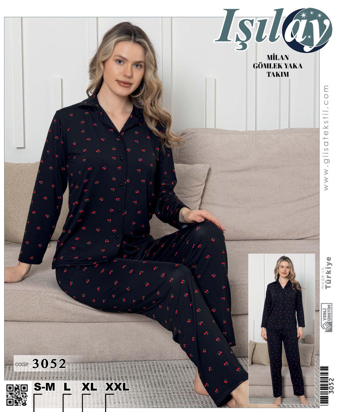 Işılay Milan Uzun Kol Pijama Takım-Laci Kiraz-3052