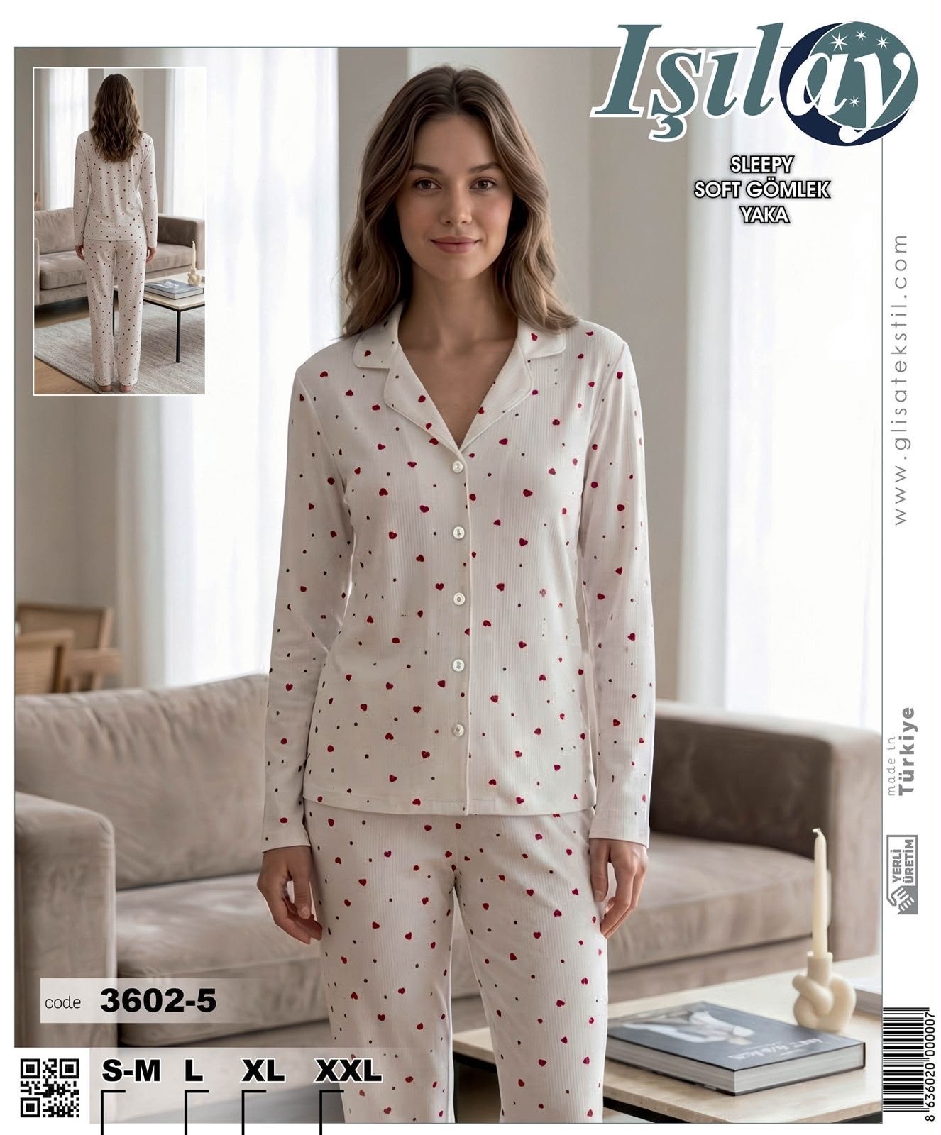 Işılay Sleepy Byn Pijama Takım-3602-5  beyaz kırmızı kalp