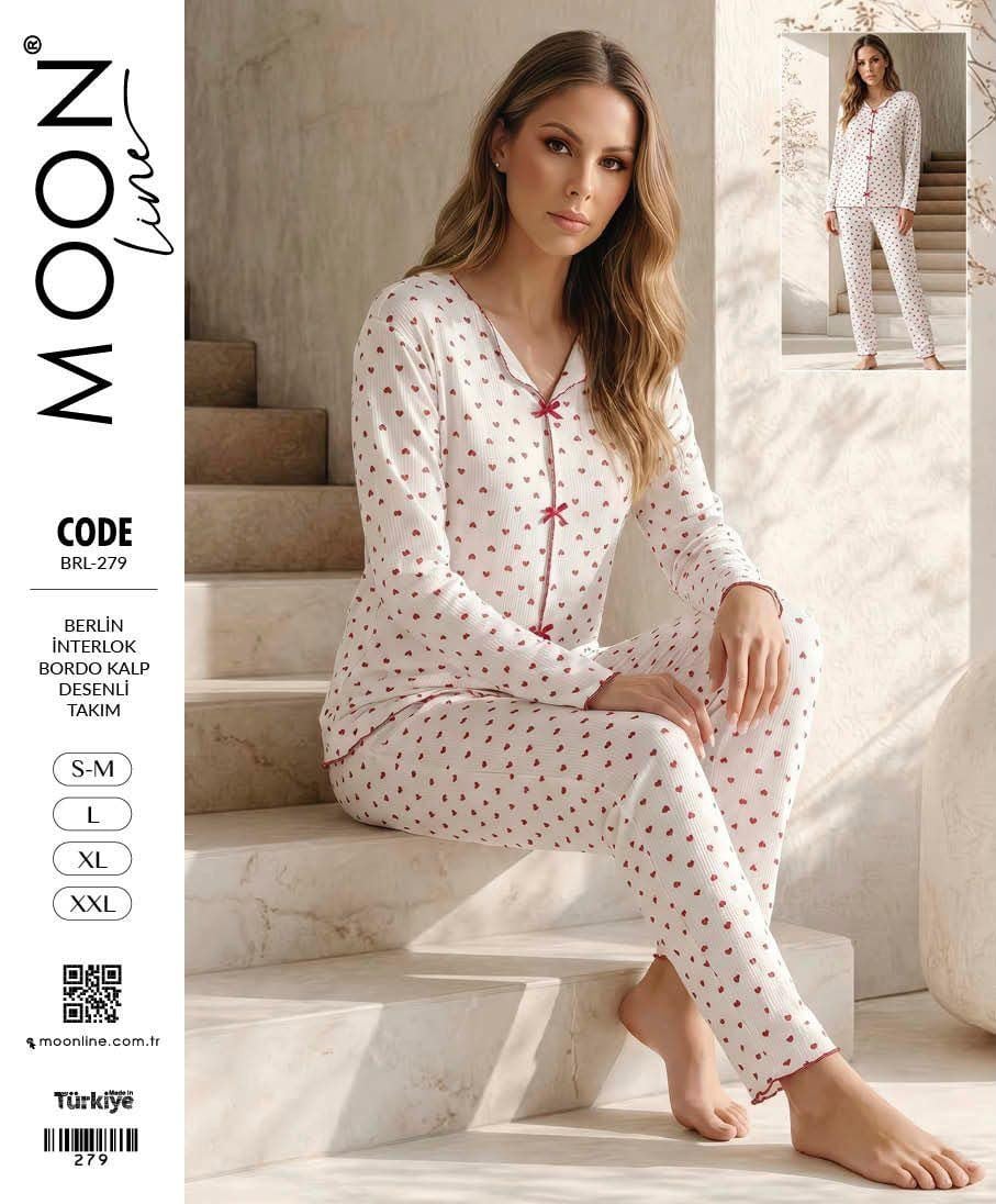 Moonlıne Berlin Pijama Takım-279-bordo kalp desen