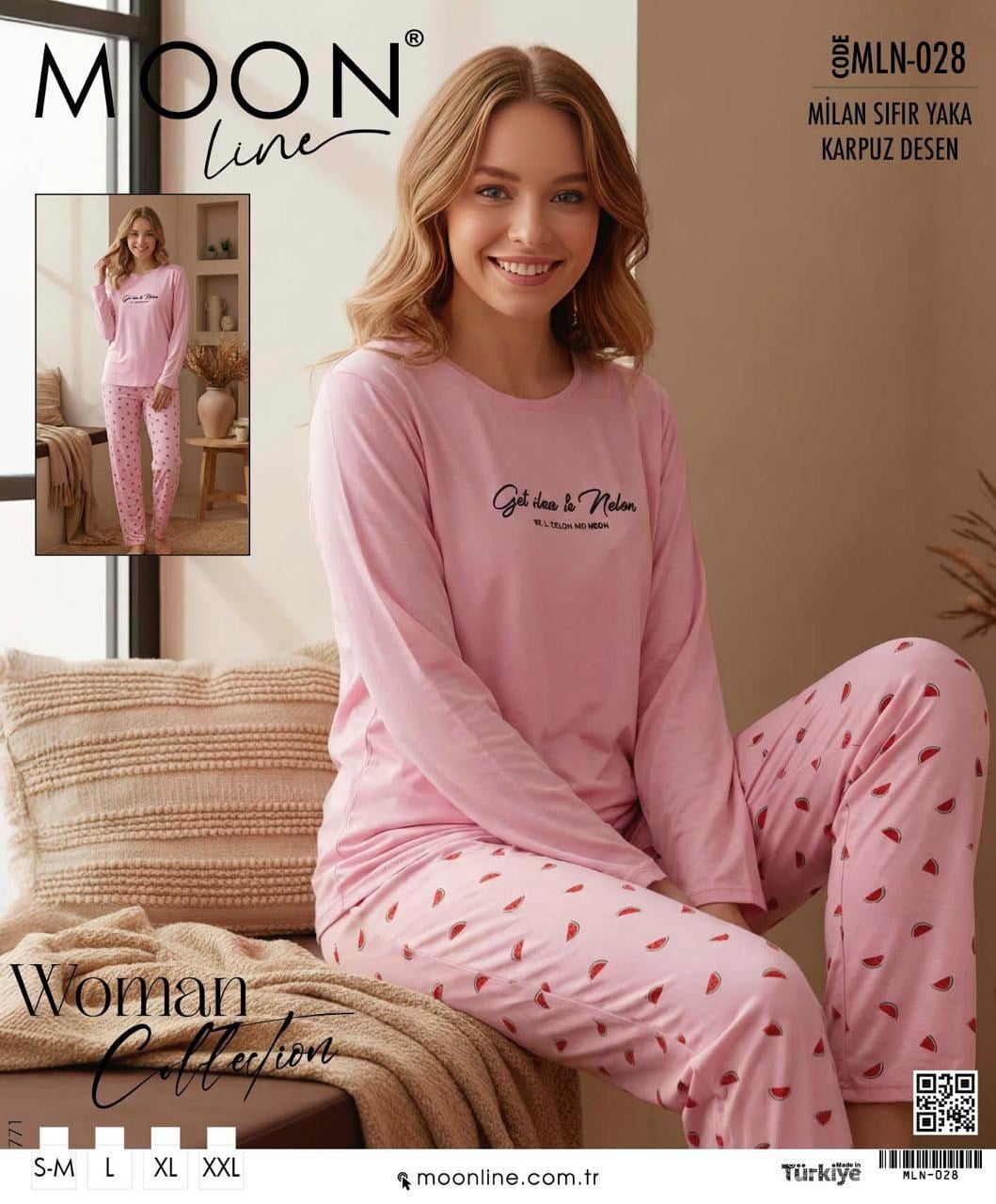 Moonlıne Milan Byn Pijama Takım-Sıfır yaka pembe karpuz 028