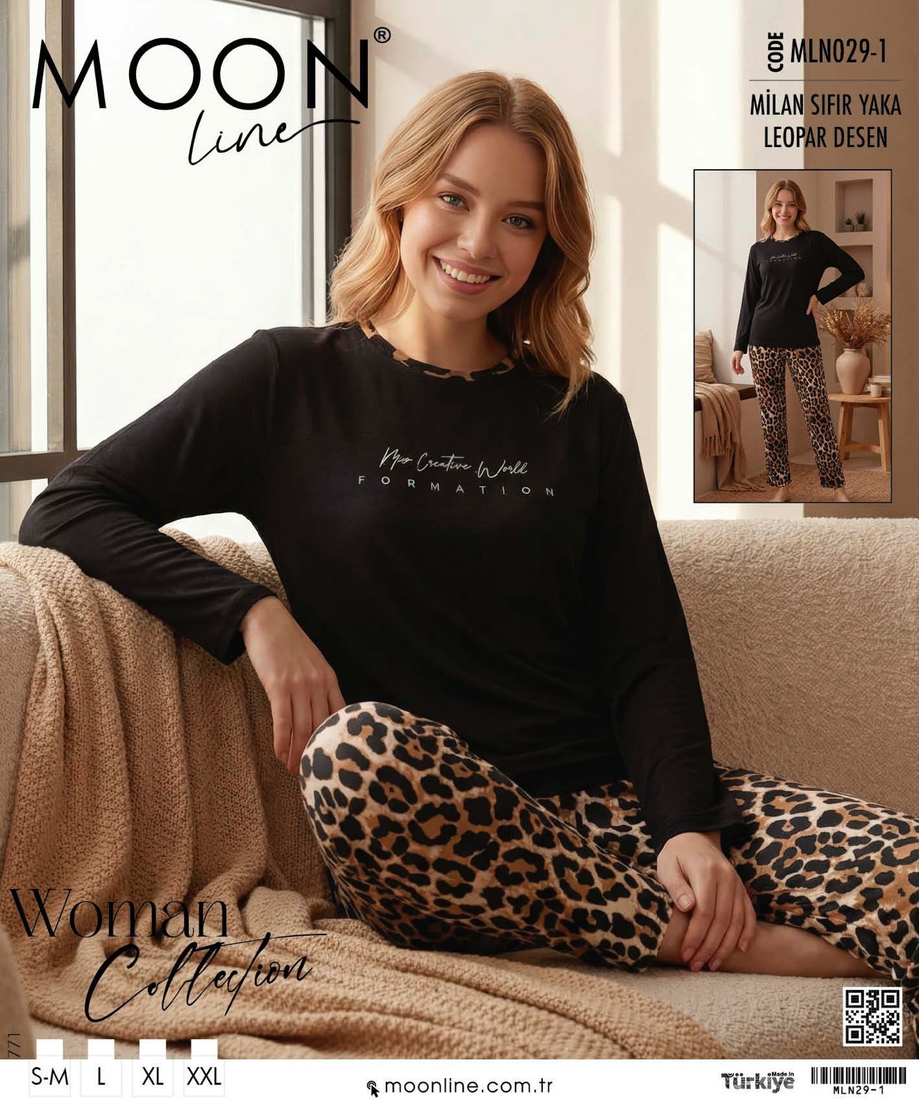 Moonlıne Milan Byn Pijama Takım-Sıfır yaka alt leopar