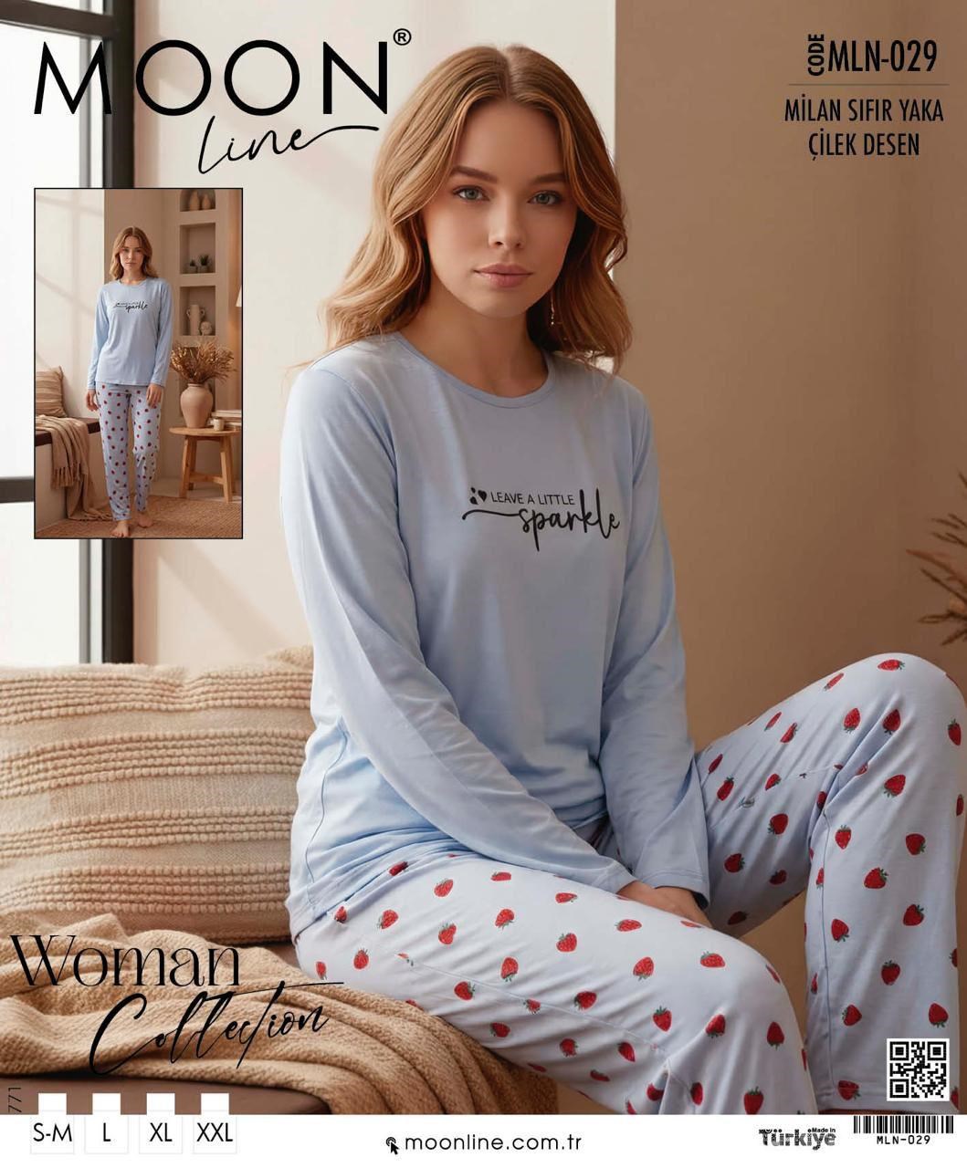 Moonlıne Milan Byn Pijama Takım-Sıfır yaka mavi çilek 029
