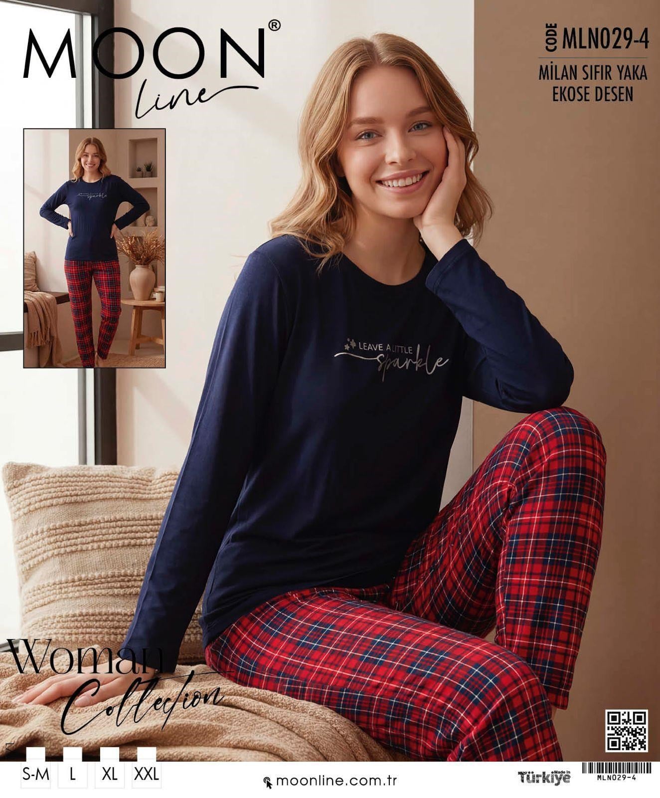 Moonlıne Milan Byn Pijama Takım-Sıfır yaka laci alt kareli 029-4