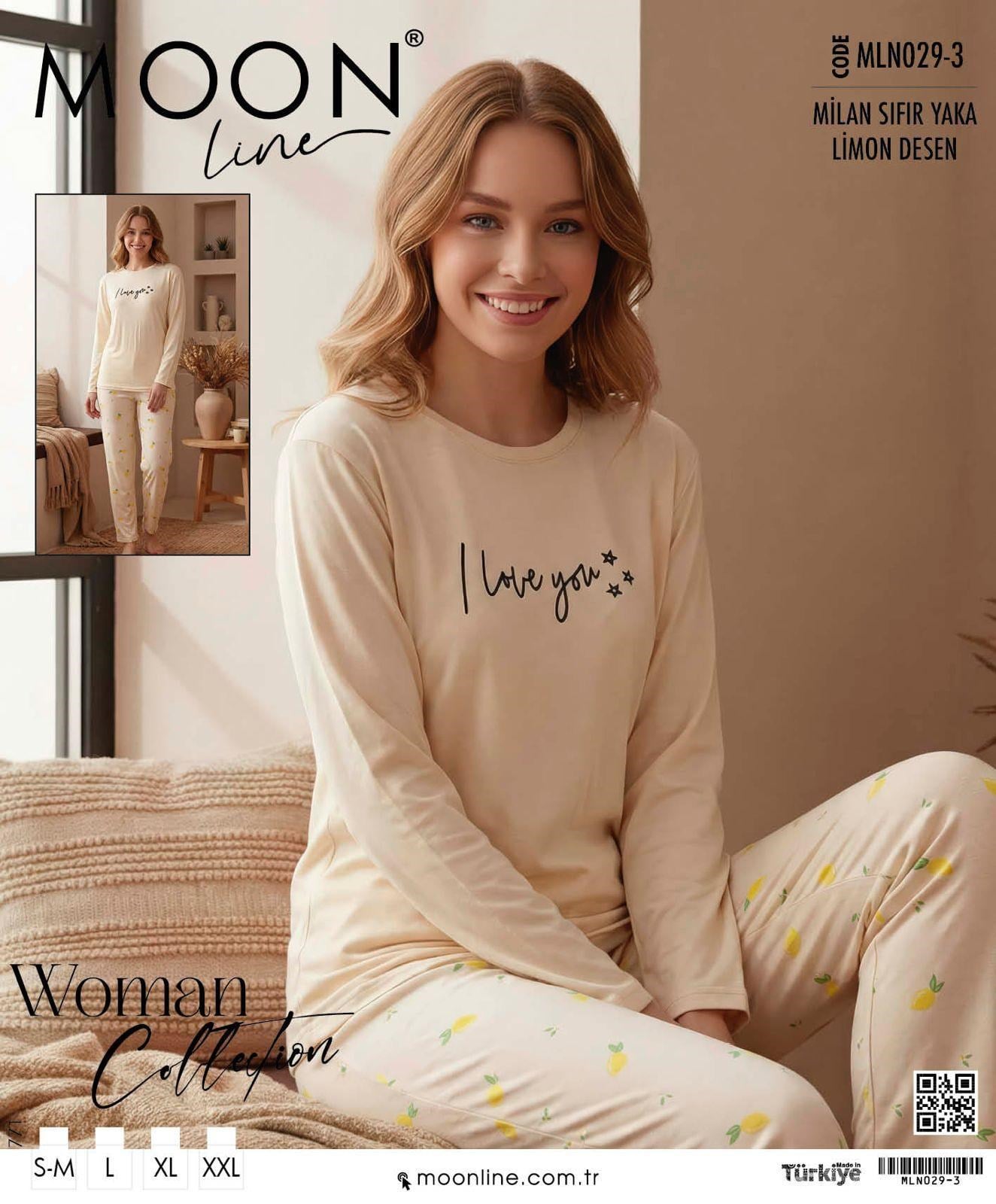 Moonlıne Milan Byn Pijama Takım-Sıfır yaka sarı limon 029-3